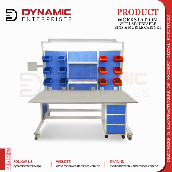 Workstation with Adjustable Bins and Mobile Cabinet